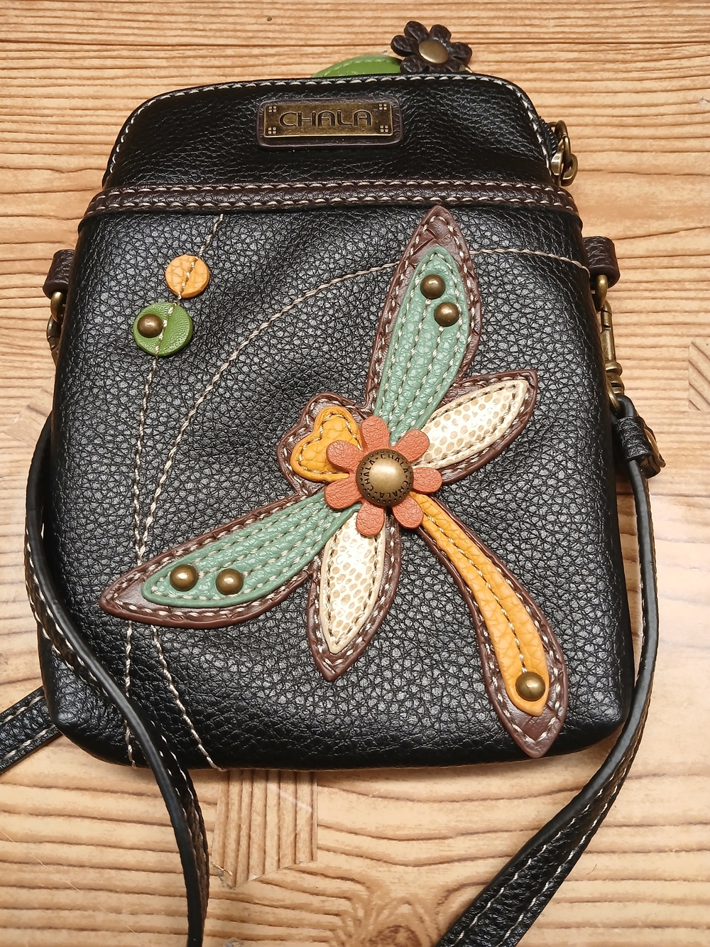 Chala Black Crossbody Bag with Green & Yellow Dragonfly Applique